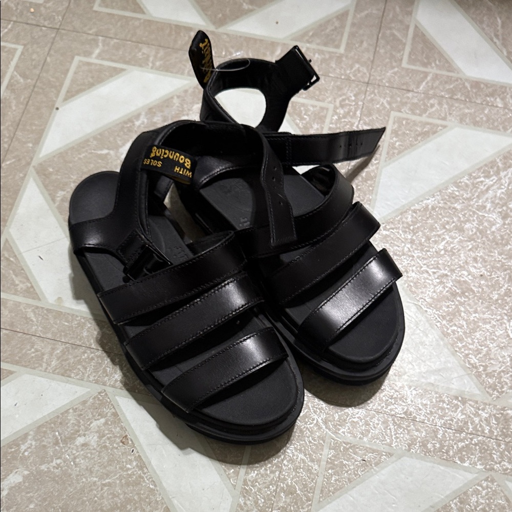 Dr. Martens Black Sandals with Yellow Accents